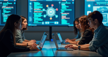 Groupe de jeunes en classe collaborant sur la cybersécurité
