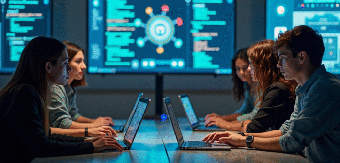 Groupe de jeunes en classe collaborant sur la cybersécurité