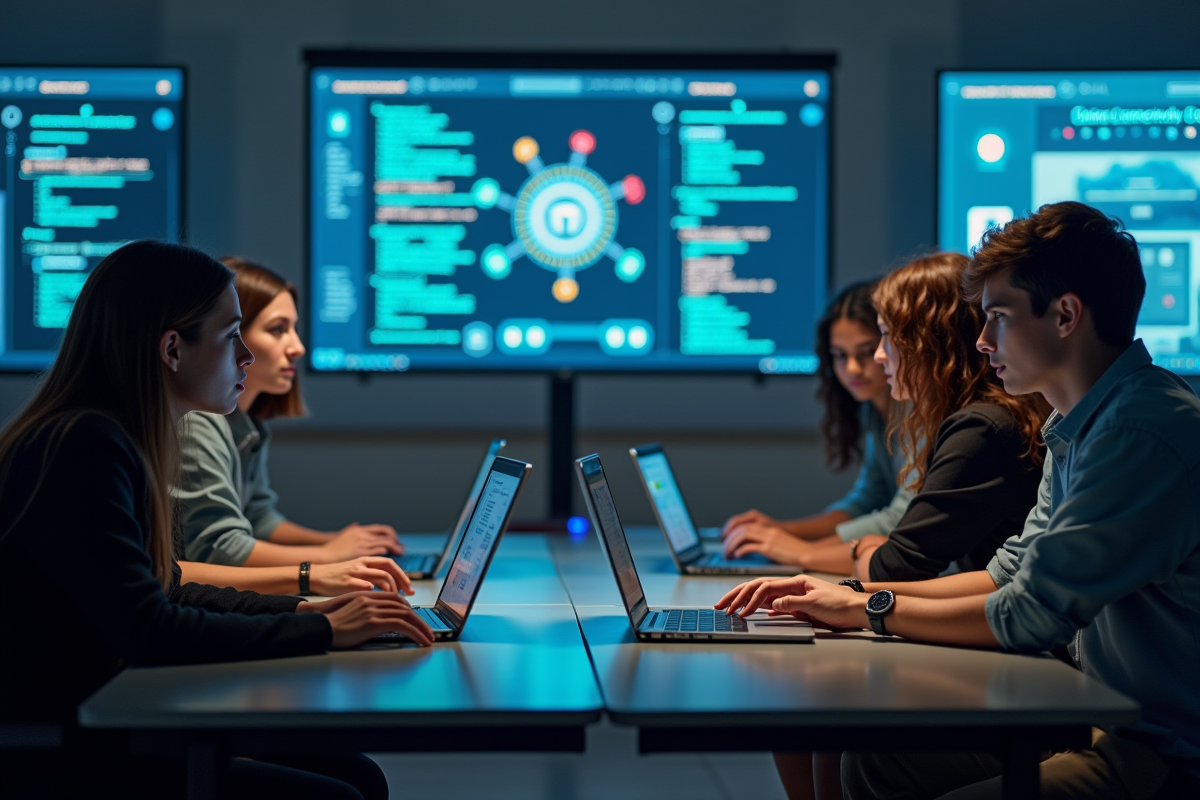 Groupe de jeunes en classe collaborant sur la cybersécurité