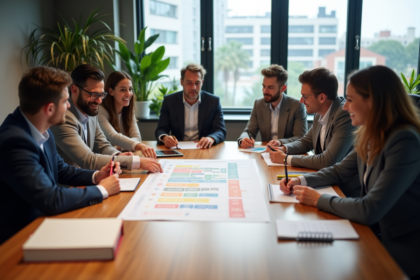 Groupe de professionnels discutant autour d'une carte client