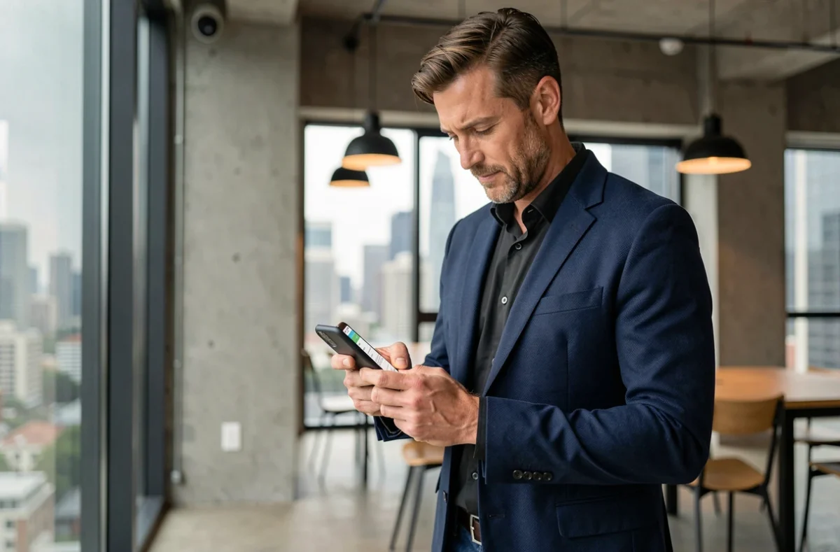 Homme d'affaires gérant ses emails professionnels sur smartphone dans un espace de coworking urbain