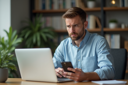 Homme en bureau vérifiant son smartphone pour la sécurité