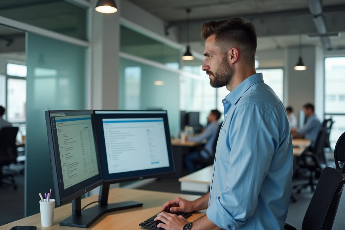 Homme au bureau résolvant une erreur de connexion au service de messagerie électronique