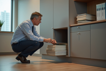 Homme d'âge moyen examine un compartiment secret dans un bureau moderne