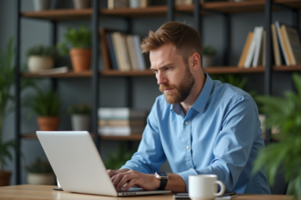 Homme d'âge moyen travaillant sur un ordinateur portable dans un bureau moderne