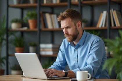 Homme d'âge moyen travaillant sur un ordinateur portable dans un bureau moderne