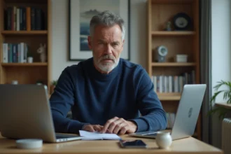 Homme d'âge moyen dans un bureau à domicile examine son ordinateur