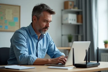 Homme d'âge moyen travaillant sur un ordinateur dans un bureau moderne