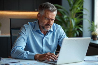 Homme professionnel frustré devant un ordinateur en bureau moderne