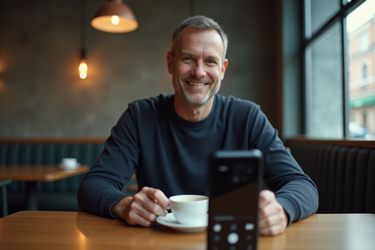 Homme en café consultant les réglages avancés de l'appareil photo du Google Pixel 8 Pro posé sur une table en bois