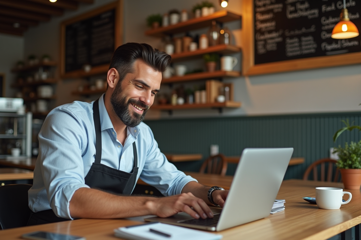 Homme d affaires travaillant sur un ordinateur dans un café