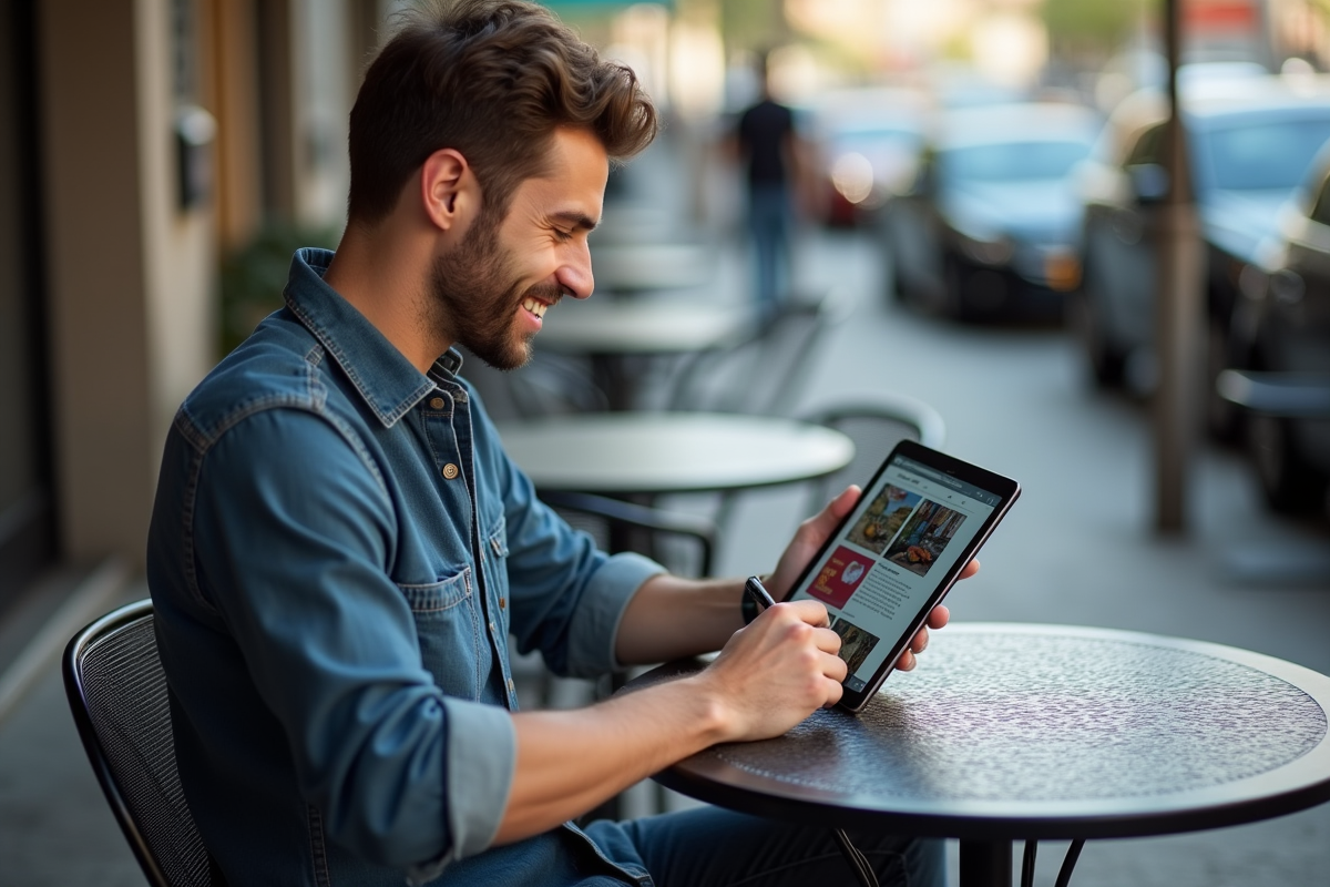 Homme au café utilisant sa tablette pour des publicites