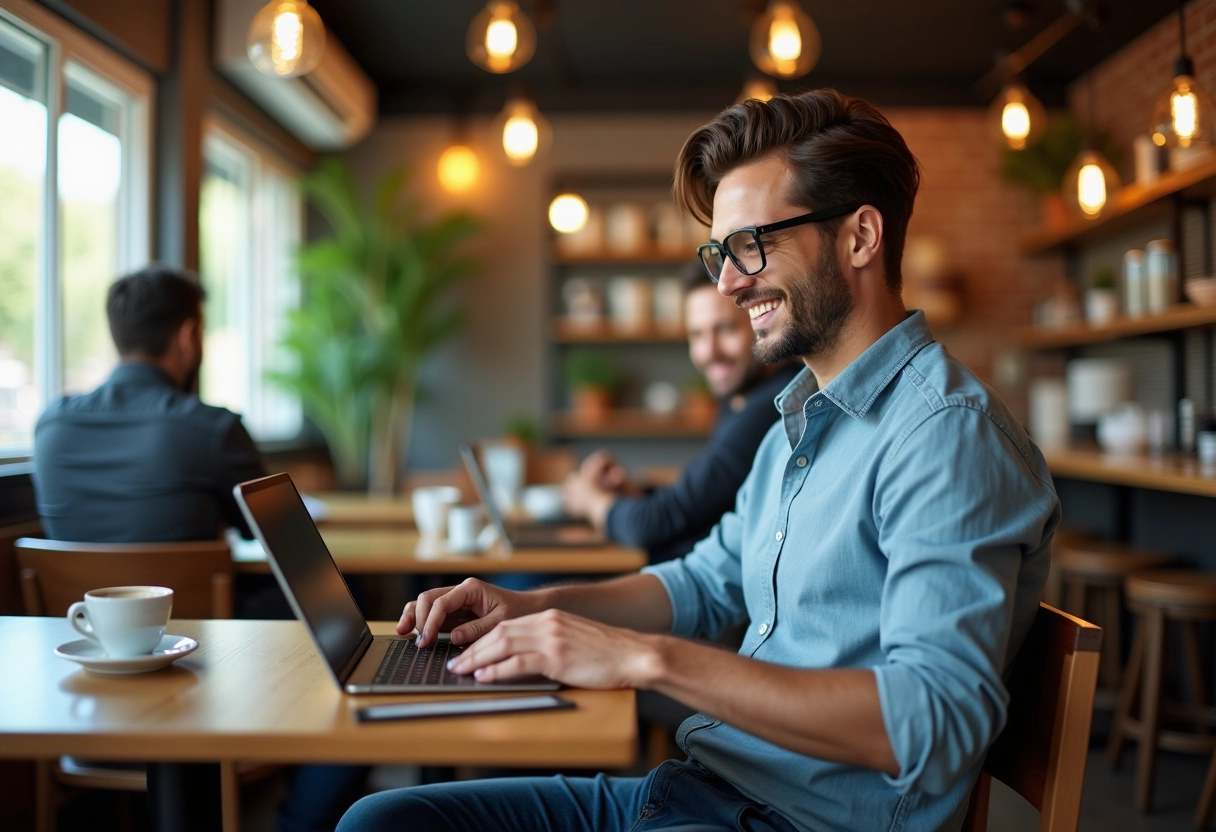 Homme détendu dans un café utilisant une tablette