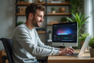 Homme détendu convertissant une vidéo dans un bureau à domicile