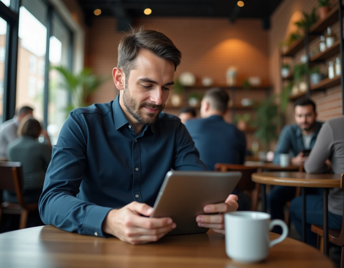 Homme créant un nouveau compte Instagram anonyme sur tablette dans un café moderne