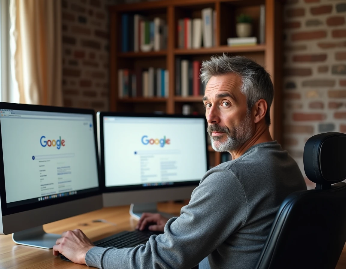 Homme utilisant deux écrans pour comparer Google.com et Google.fr avec des résultats différents dans un bureau à domicile