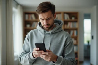 Homme tenant un smartphone Samsung affichant une erreur réseau dans un salon moderne