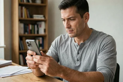Homme évaluant un Samsung Galaxy S23 reconditionné dans un bureau à domicile