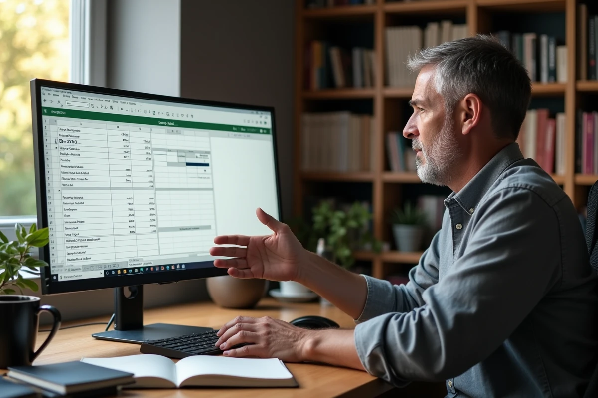 Homme utilisant Excel à domicile pour calculer des pourcentages et suivre ses objectifs professionnels sur grand écran