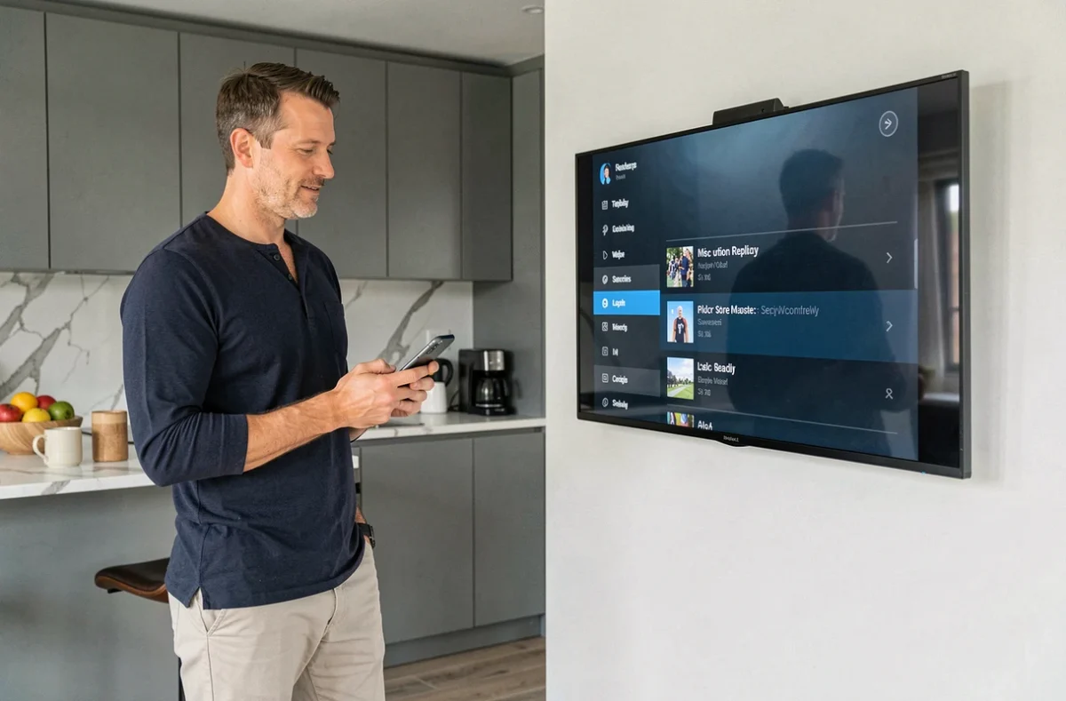 Homme contrôlant le volume et le replay de sa télévision avec l'application Free Télécommande dans une cuisine moderne