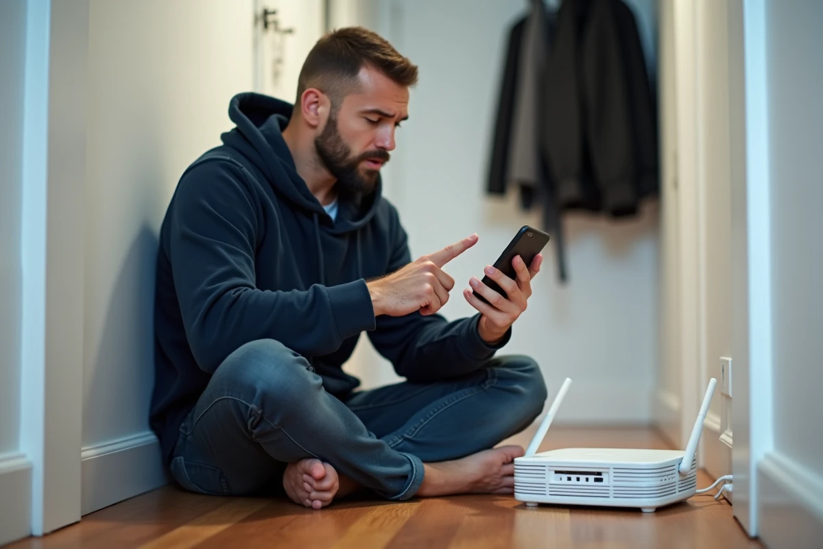 Homme frustré assis par terre dans un couloir d'appartement, consultant son téléphone à côté d'une box internet dont le voyant clignote en blanc