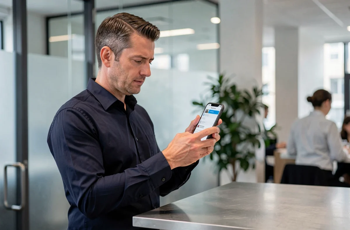 Homme utilisant une application de gestionnaire de mots de passe sécurisé sur smartphone dans un bureau professionnel moderne
