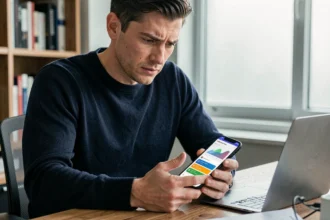 Homme consultant l'historique de ses activités Google sur son smartphone au bureau à domicile