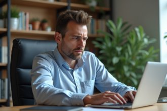 Homme inquiet au bureau avec icônes de cloud