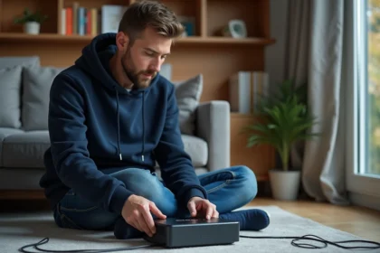 Homme inspectant un modem Freebox dans un salon moderne