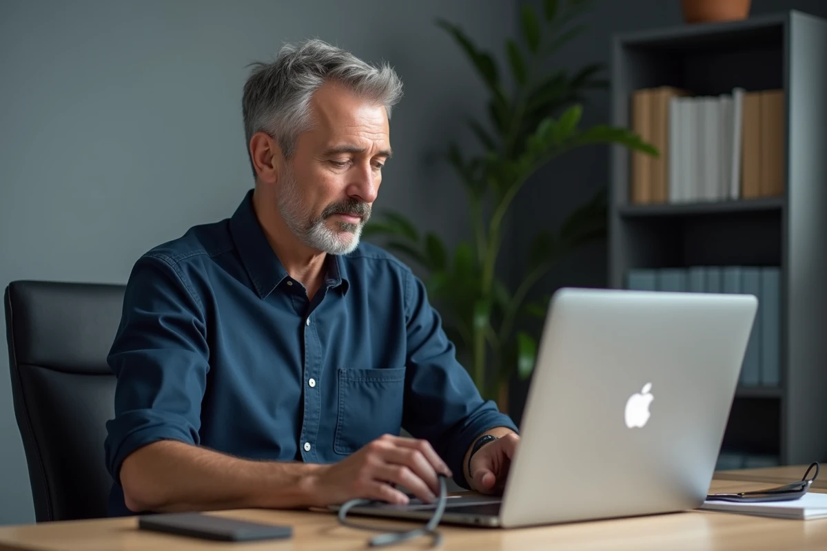 Homme connectant son iPhone à un MacBook pour récupérer des photos supprimées définitivement via un ordinateur