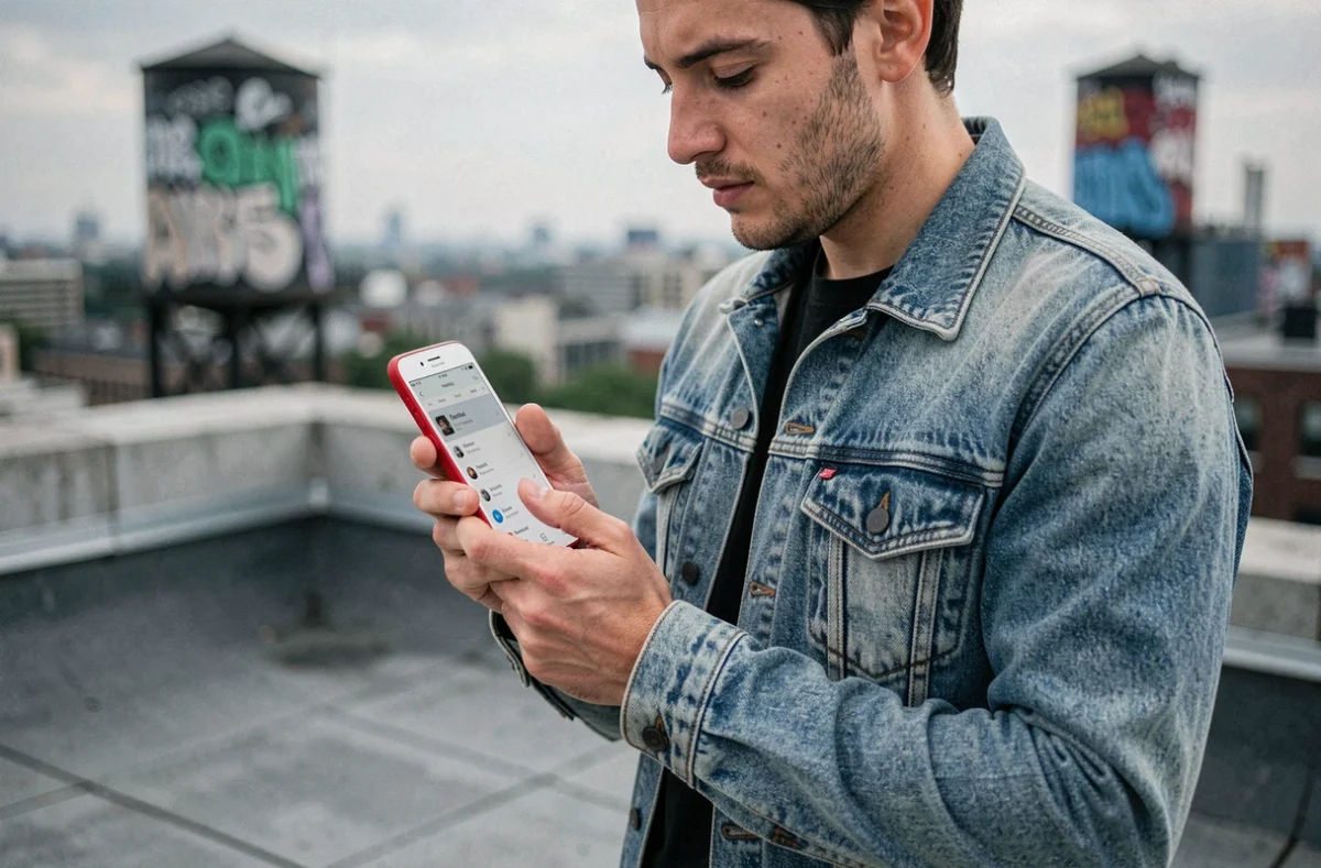 Jeune homme tenant un Nokia blanc et rouge sur un toit urbain, naviguant dans un menu musical nostalgique