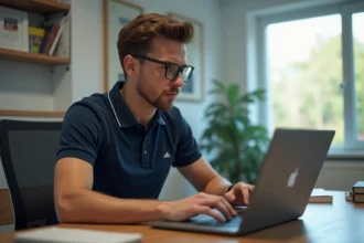 Jeune homme au bureau face à un ordinateur portable avec erreur de connexion