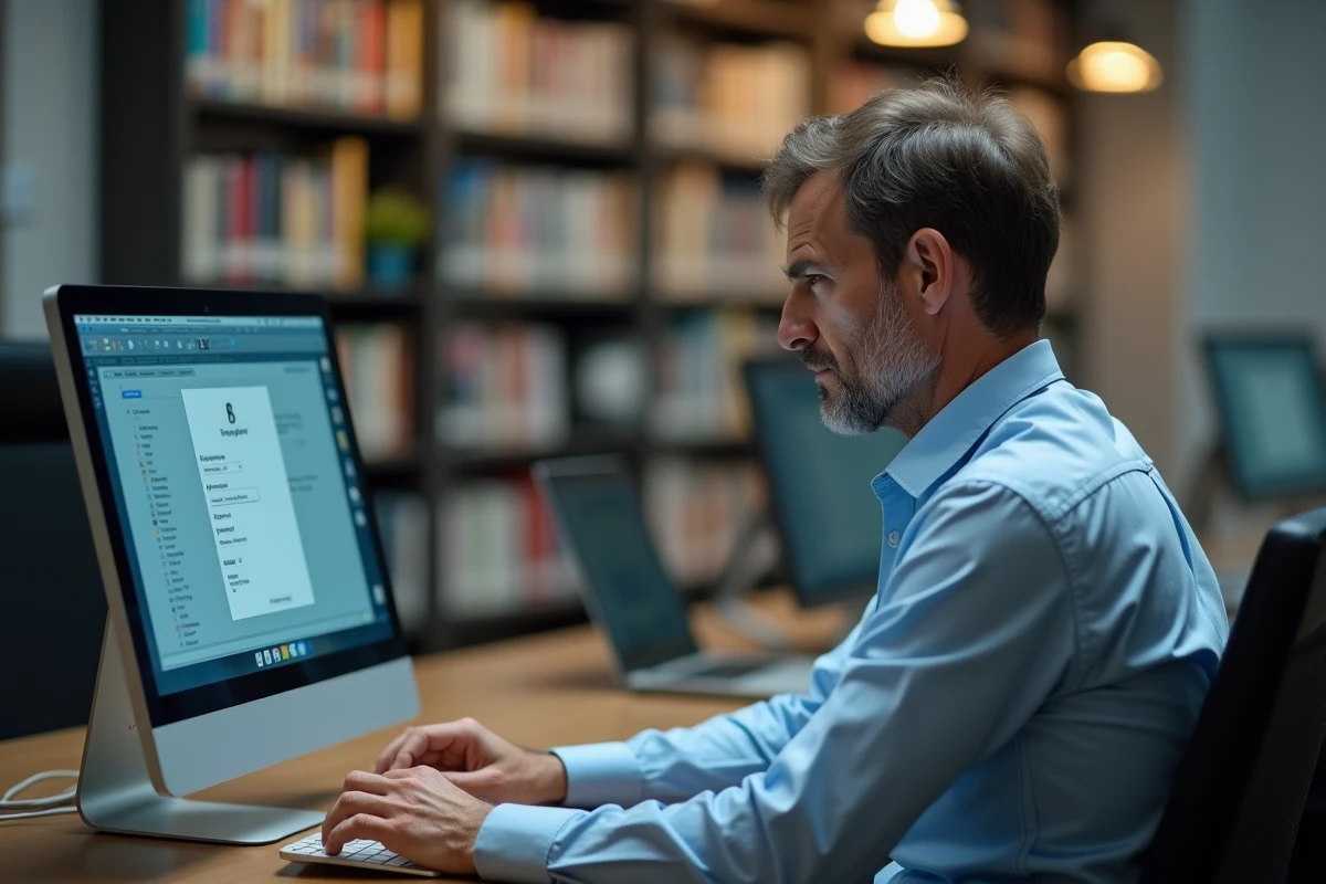 Homme frustré réinitialisant son mot de passe ENT 41 à la bibliothèque