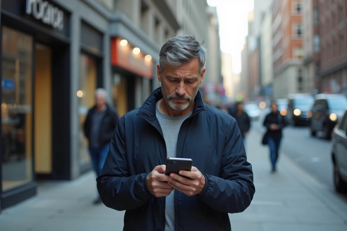 Homme vérifiant son Samsung sans réseau dans une rue urbaine animée