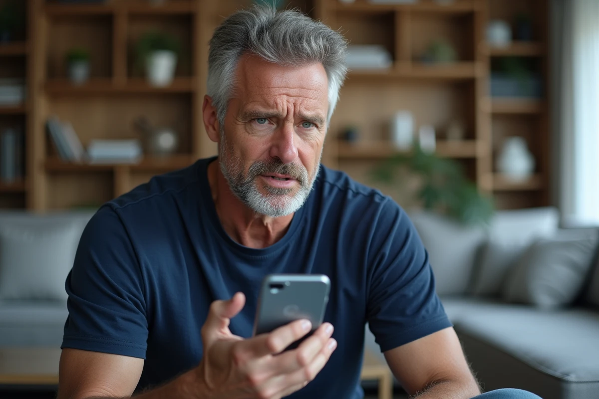 Homme tenant un smartphone affichant une erreur de connexion sur Facebook Messenger