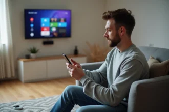 Homme assis sur un canapé contrôlant la télévision avec son smartphone