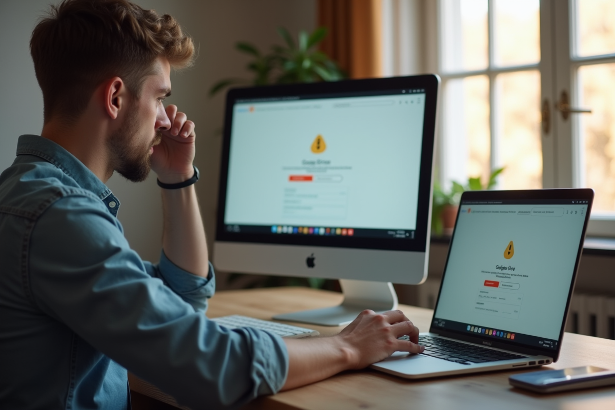 Jeune homme frustré devant un ordinateur avec erreur Google Drive
