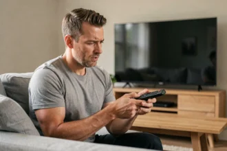 Homme tenant une télécommande Free et l'inspectant avec une expression perplexe dans un salon moderne