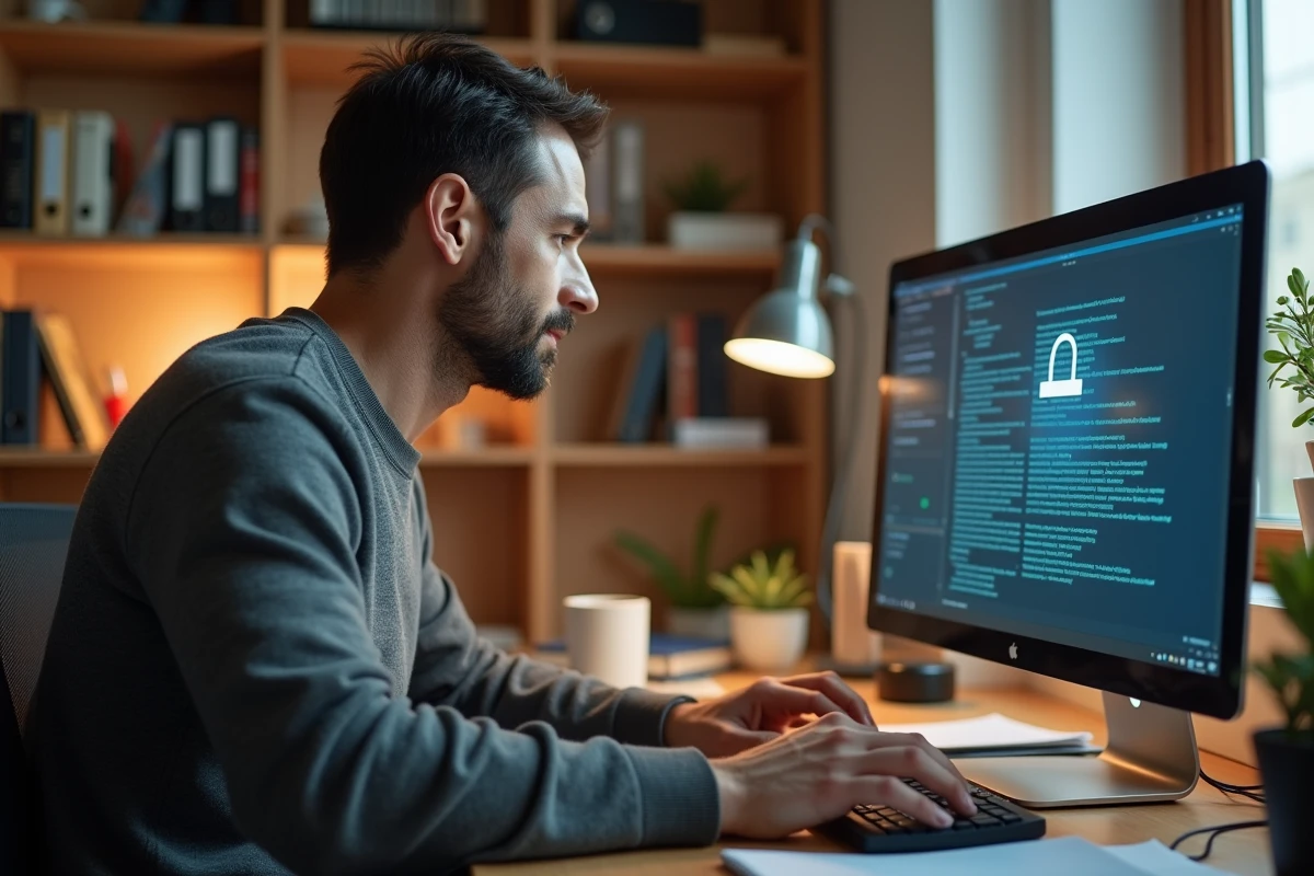 Homme en télétravail tentant de résoudre un problème de connexion à une plateforme en ligne depuis son bureau à domicile