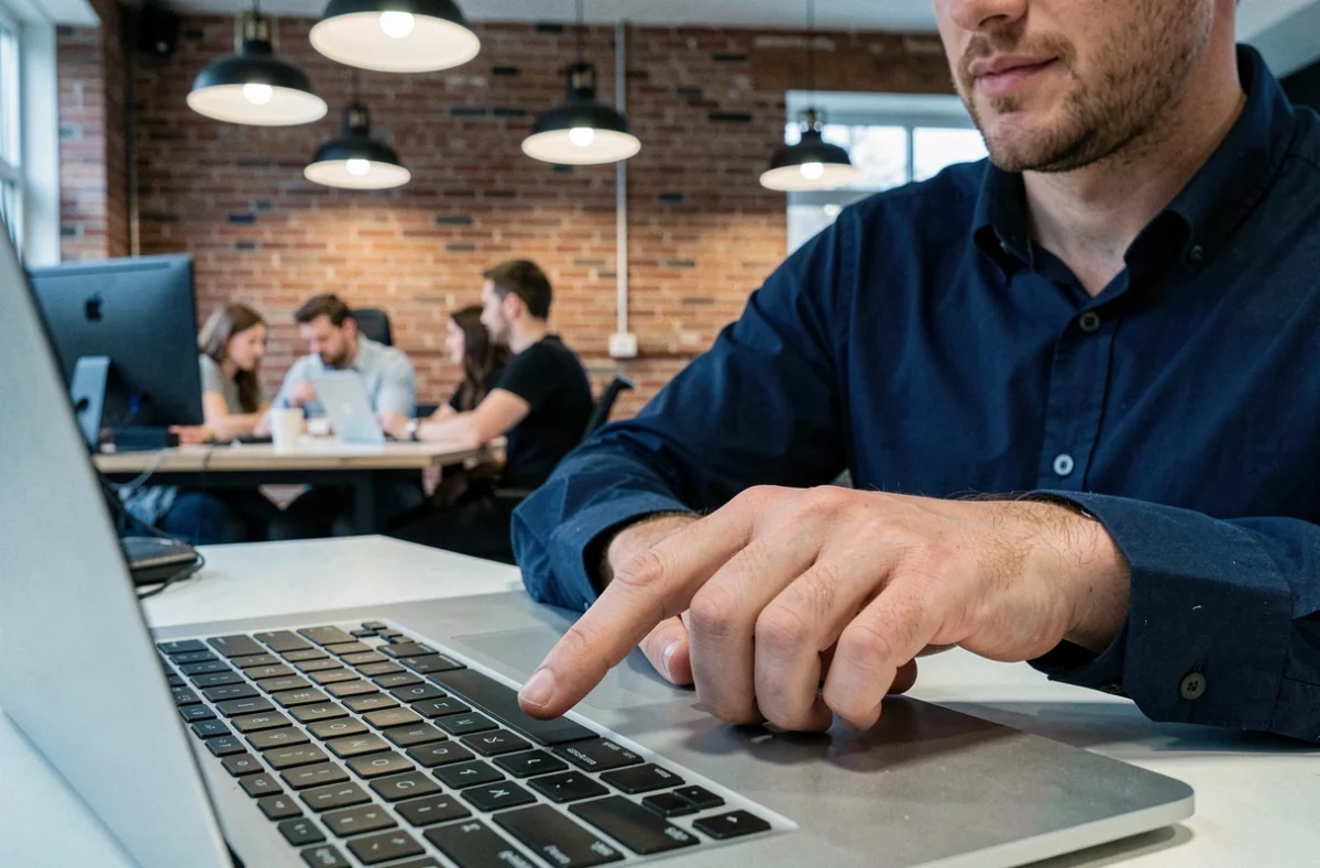Homme utilisant le trackpad d'un MacBook Air dans un espace de coworking moderne avec murs en briques apparentes