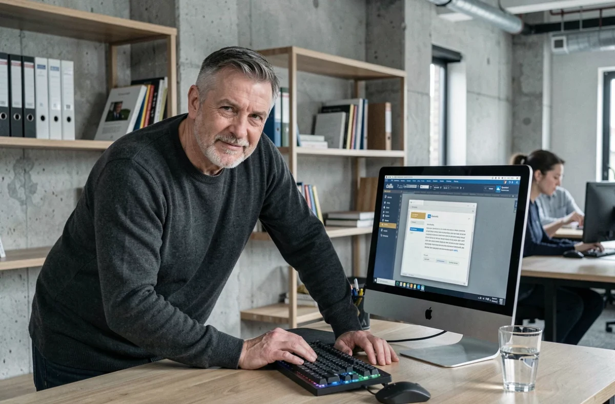 Homme utilisant un logiciel de traitement de texte gratuit sur iMac dans un bureau professionnel moderne