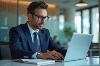 Homme professionnel en costume travaillant sur son ordinateur