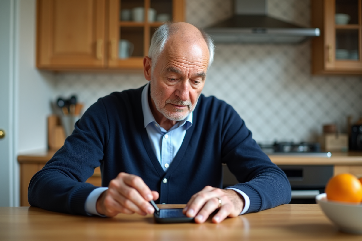 Homme âgé débranchant un petit appareil sans fil dans la cuisine