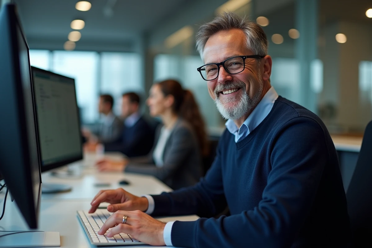 Homme souriant utilisant des raccourcis clavier au bureau