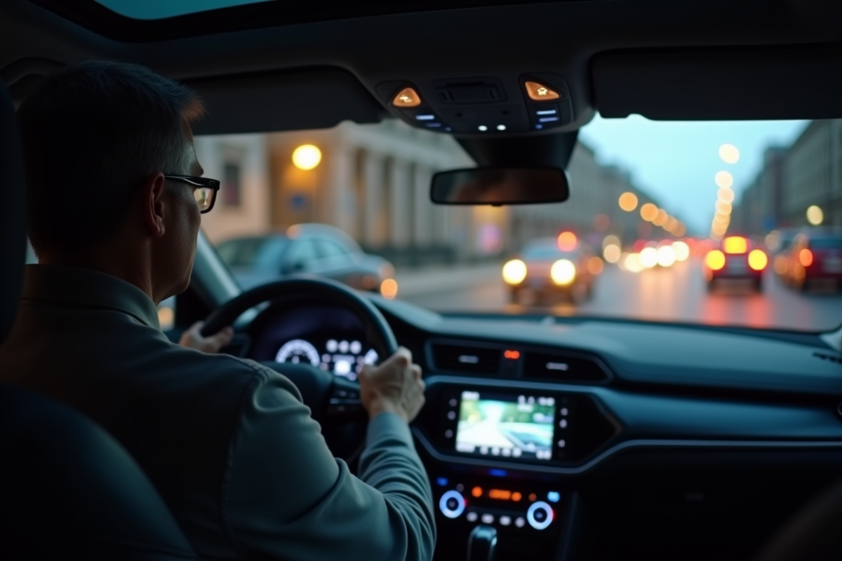 Homme au volant utilisant l assistant vocal de sa voiture