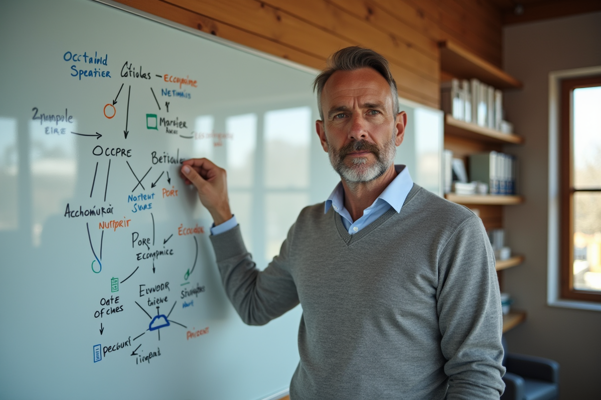 Homme français expliquant un diagramme sur un tableau blanc