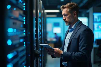 Ingénieur informatique surveillant un serveur edge en bureau moderne