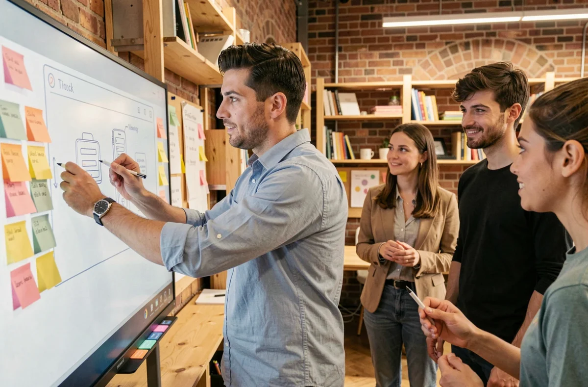 Consultant Innosys animant un atelier de conception de produit numérique dans un lab d'innovation à Paris