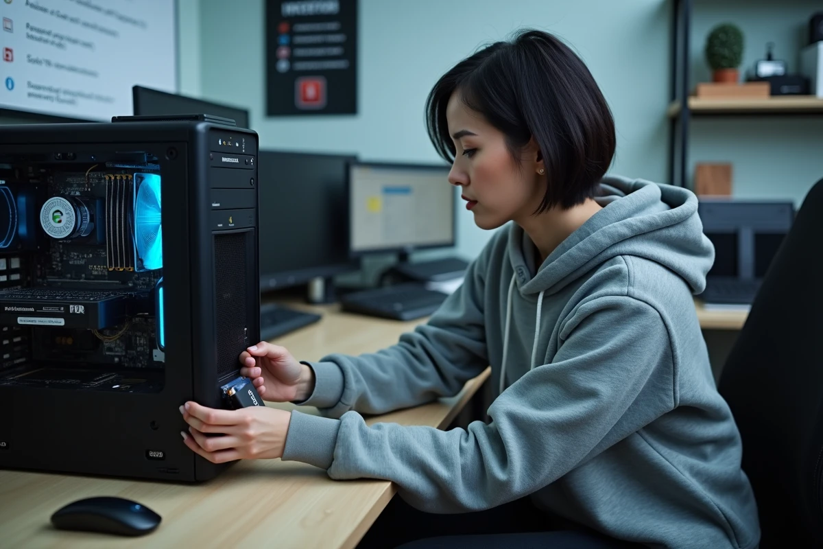 Femme insérant une clé USB bootable dans un PC pour réaliser une installation propre de Windows
