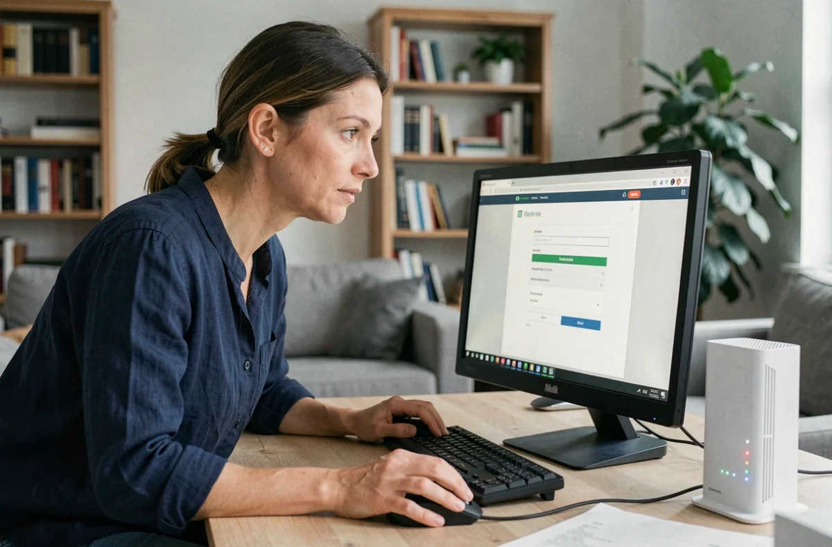 Femme accédant à l'interface d'administration de sa box Internet via un navigateur web sur ordinateur de bureau
